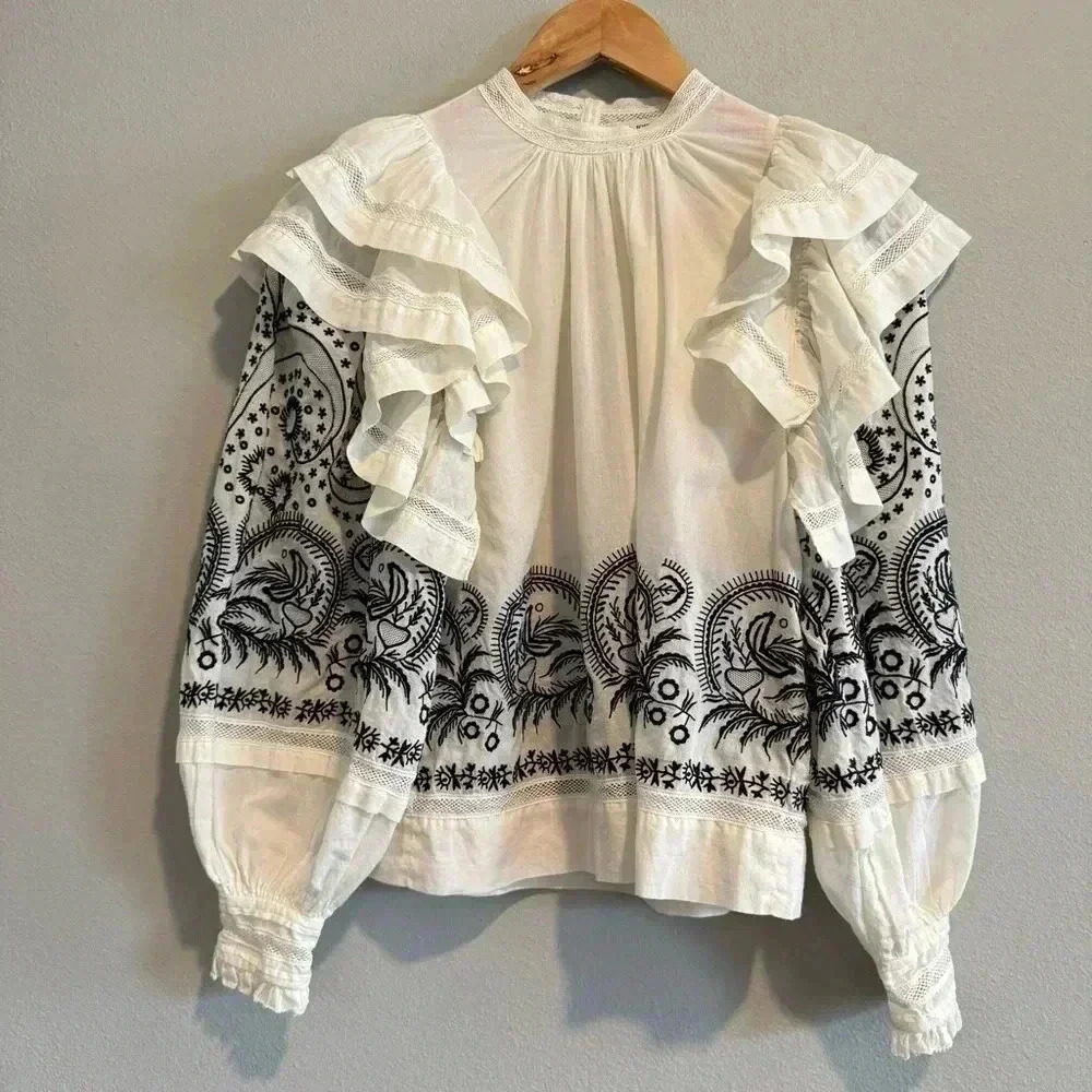 Ulla Johnson Annetta Cotton Ruffle Blouse Long Sleeve Embroidered Boho Peasant 2 - Picture 2 of 13